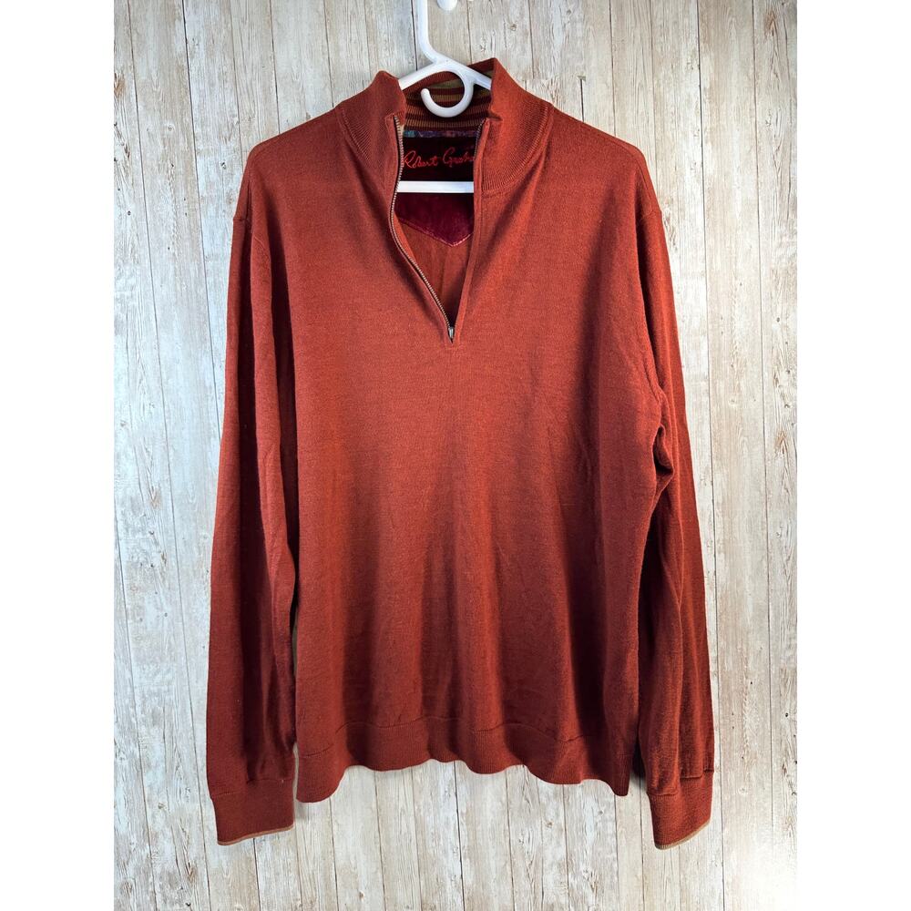 Robert Graham Wool Sweater Mens‎ XL Rust Orange Ribbed Trim Quarter Zip pullover